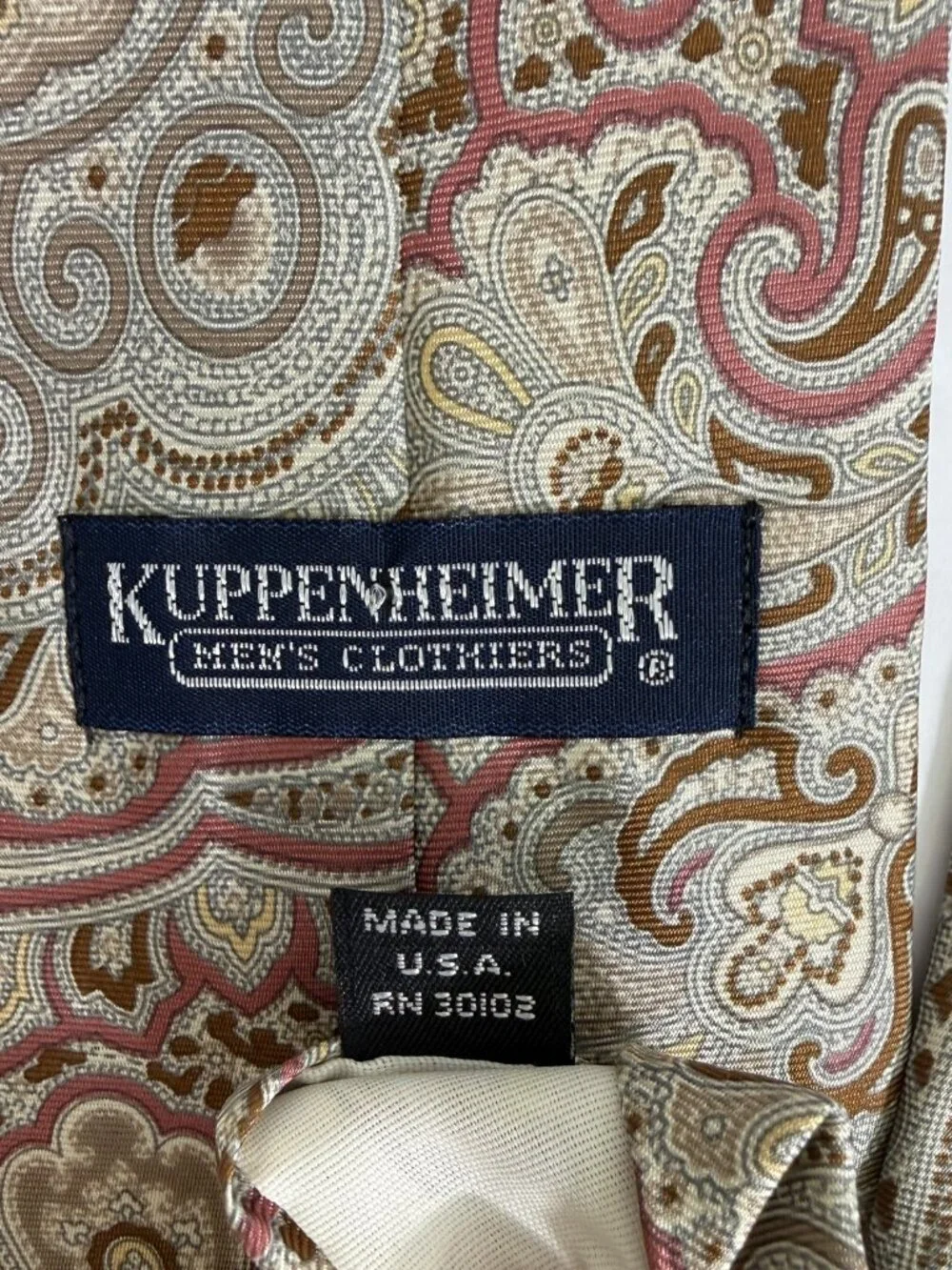 Vintage Kuppenheimer Tie Italian Silk Made In USA Paisley Red Gray Taupe VTG
